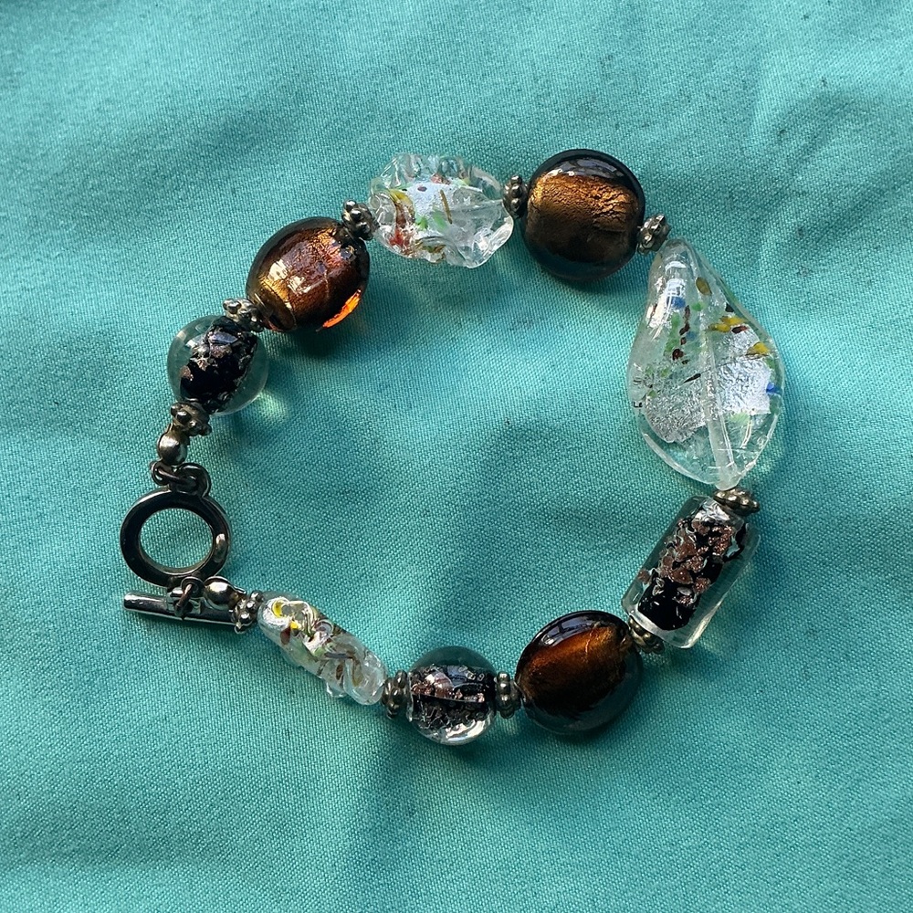Murano Brown and Clear Glass Bead Bracelet 8”